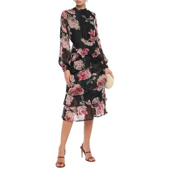 Walter Baker Black Pink Gold Floral Midi Dress Size S Small - Picture 1 of 7
